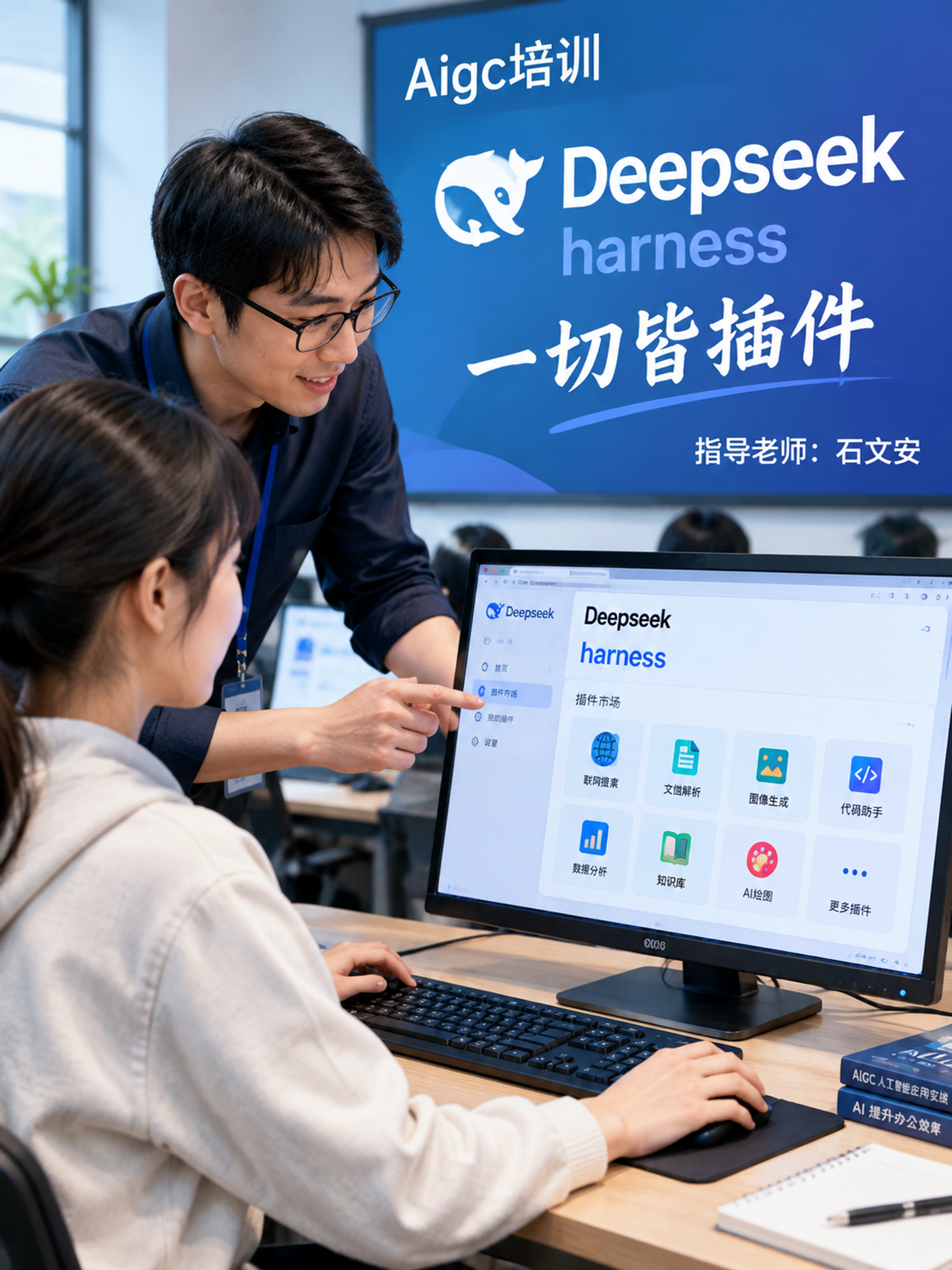 Aigc培训，办公电脑，中国年轻学员，操作电脑画面：Deepseek harness 中文：一切皆插.png